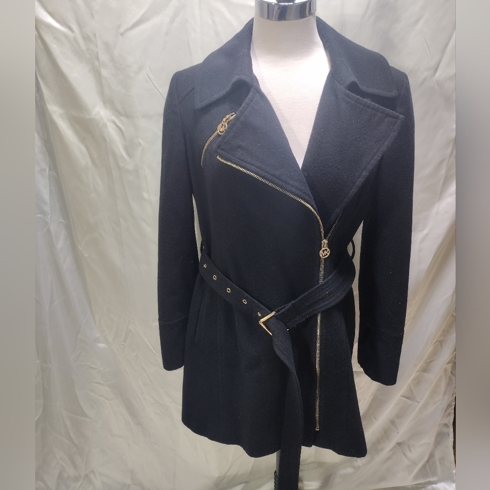MICHAEL KORS Black BELTED WOOL BLEND COAT Women’s S Jacket Missing Prong Buckle